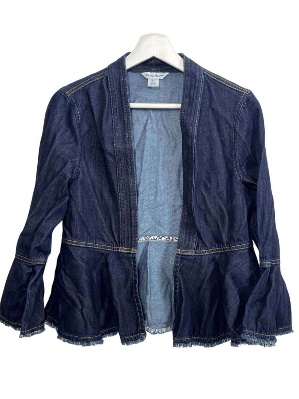 Tommy Bahama Women's XS Denim Jacket Ruffle Hem Open Front Blue